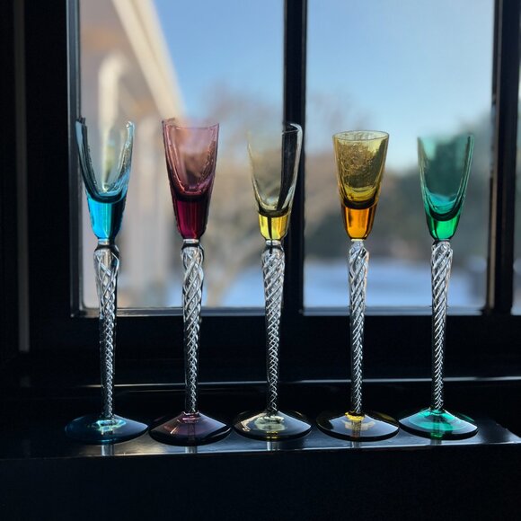 Stuart Lot 5 Long Stem Cordial Flute IONA AIR TRAP SPIRAL TWIST Colorful Crystal - Picture 5 of 16